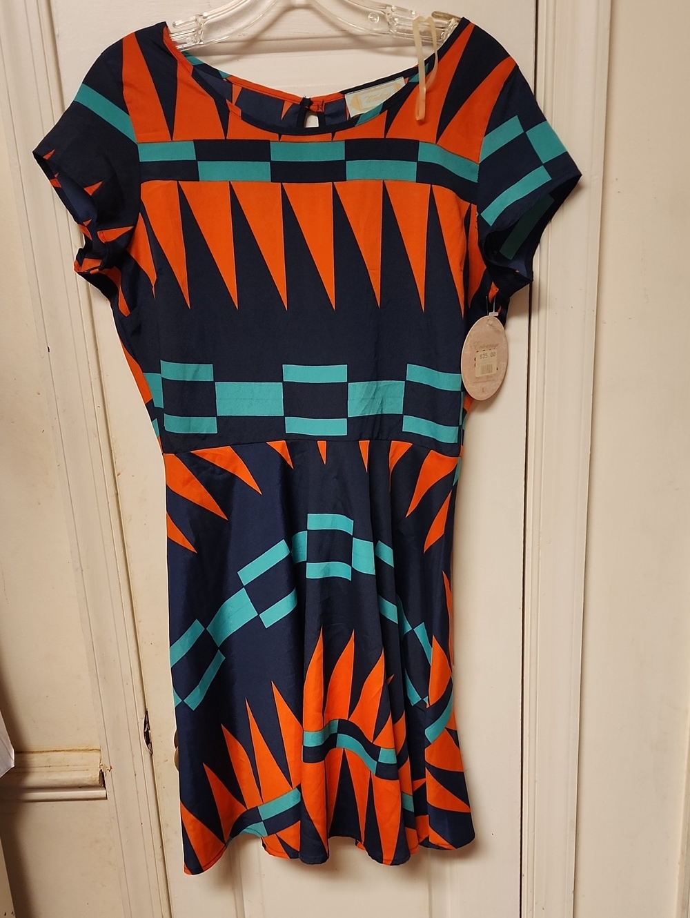 Geometric Print Navy, Orange & Teal Fit-and-Flare Dress
